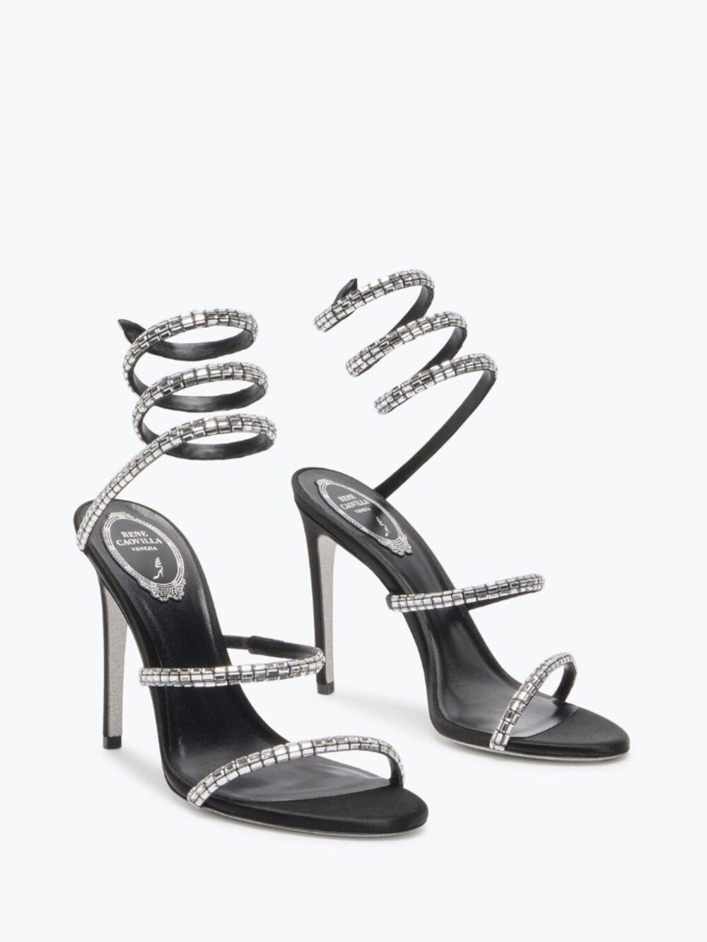 René Caovilla Cleo Crystal Snake Wrap Sandals Black Satin Crystal Heel Size 37